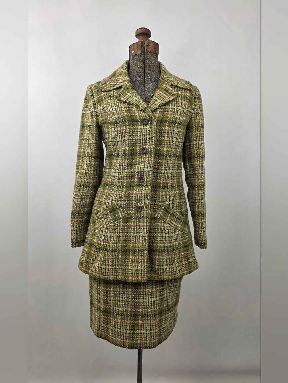 Pendelton Vintage 60's Women's Green Plaid 100% Wool 2-Piece Blazer Skirt Set 8
